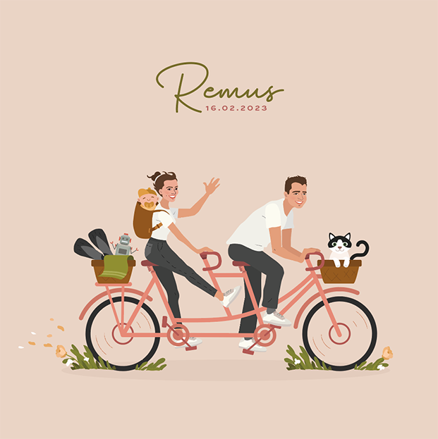 geboortekaartje ontwerp illustratie illustrator gent familieportret tandem fiets gezinsportret gezinsillustratie