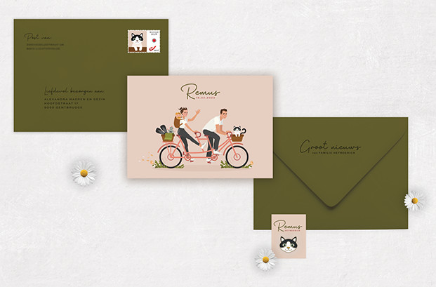 geboortekaartje ontwerp illustratie illustrator gent familieportret tandem fiets gezinsportret gezinsillustratie