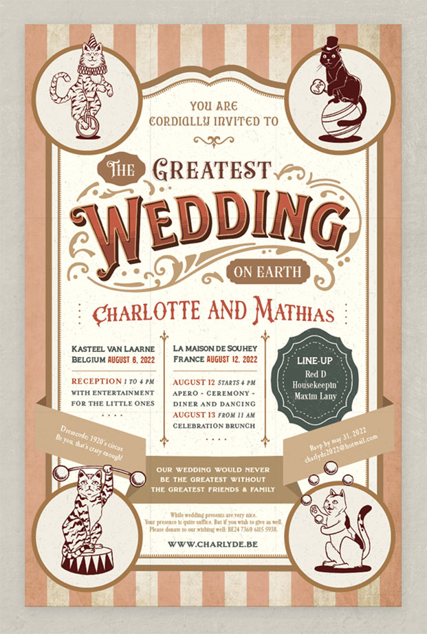 circusposter op maat illustraties huwelijk huwelijksuitnodigingen gent trouwuitnodiging